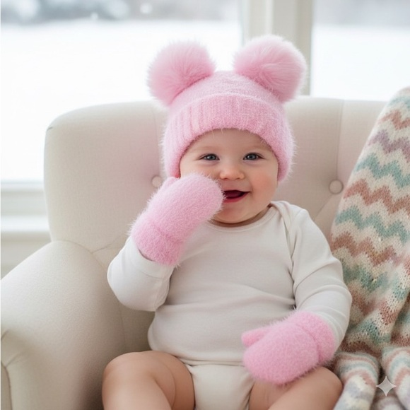 Other - Adorable Pink Pom Pom Fuzzy Hat and Mitten set 12-24 …